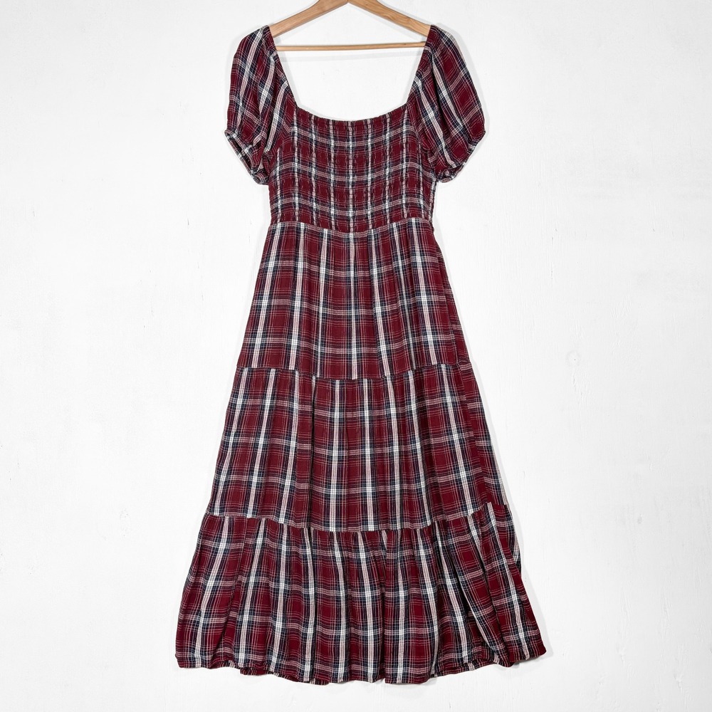 American Eagle Plaid Smocked Tiered Midi Dress Womens M Fall Academia